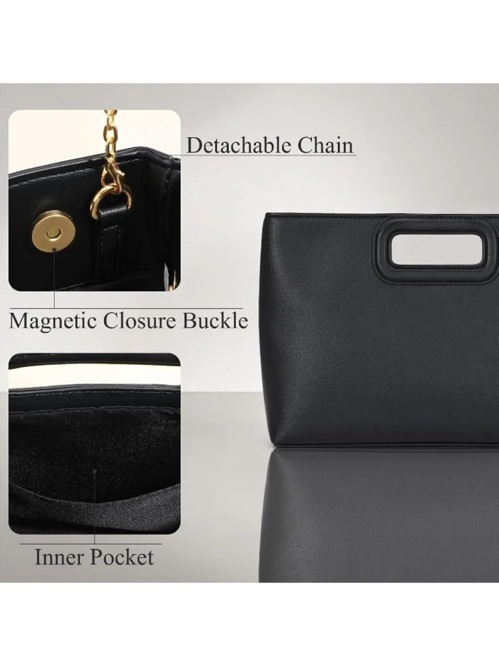 Women's Black Clutch Handbag Modern Faux Leather with Metal Handle Evening Bag